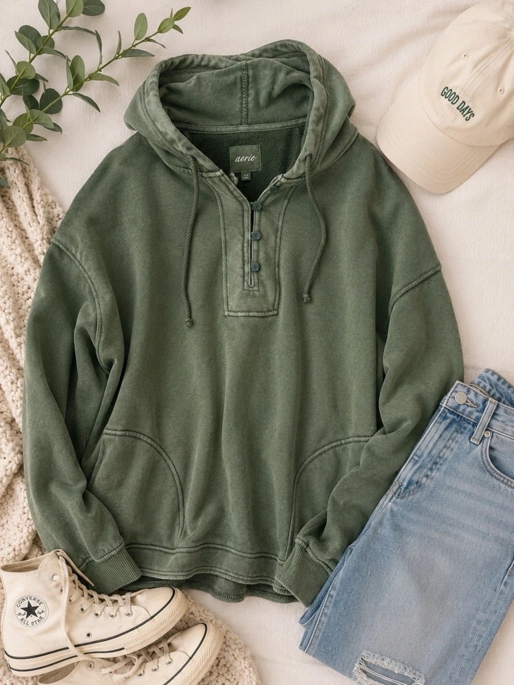Aerie Oversized Olive Green Zip-Up Hooded Sweater